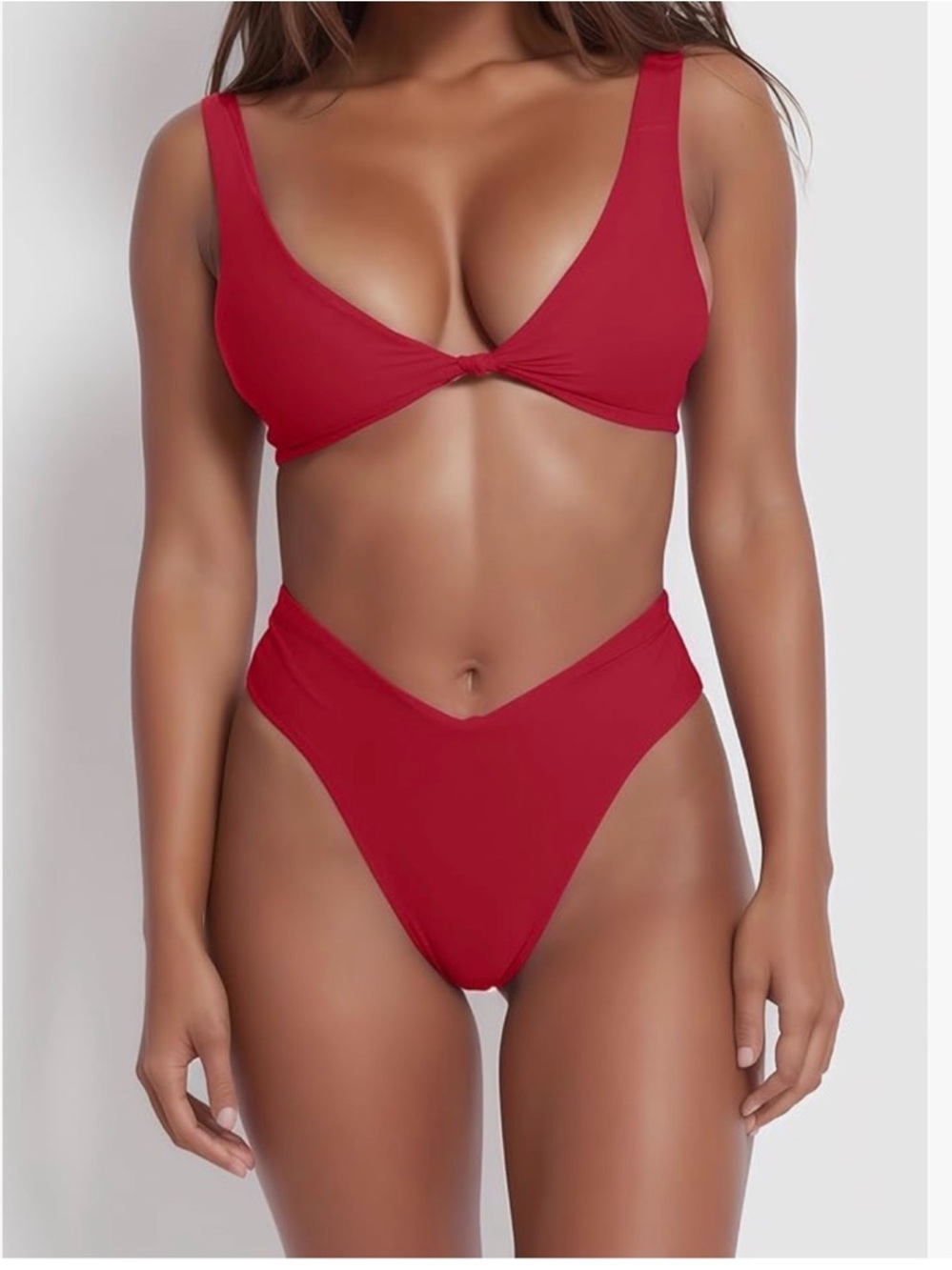 New Bikini Set V-Neck Knot Front Push Up Top W/ High Leg Thong Red size Small